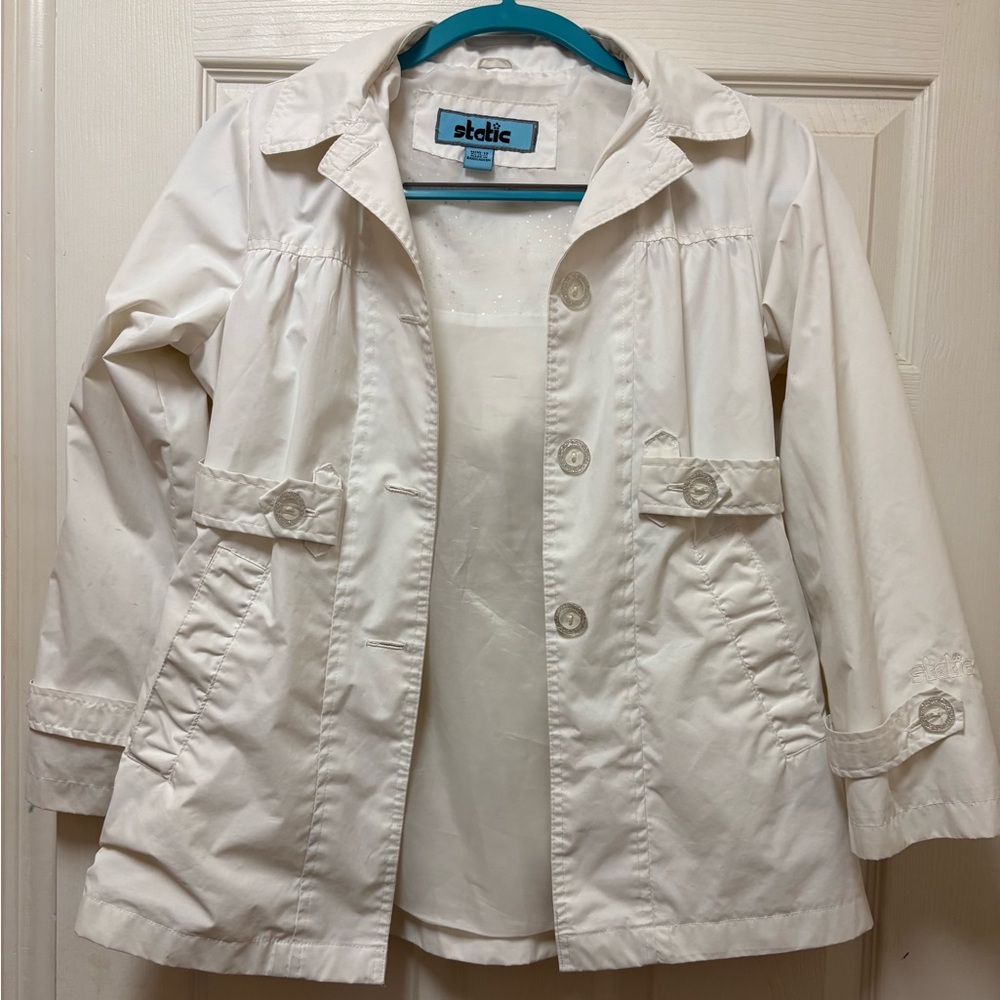 Girls size M 10/12 White Static Rain Jacket with Detachable Hood